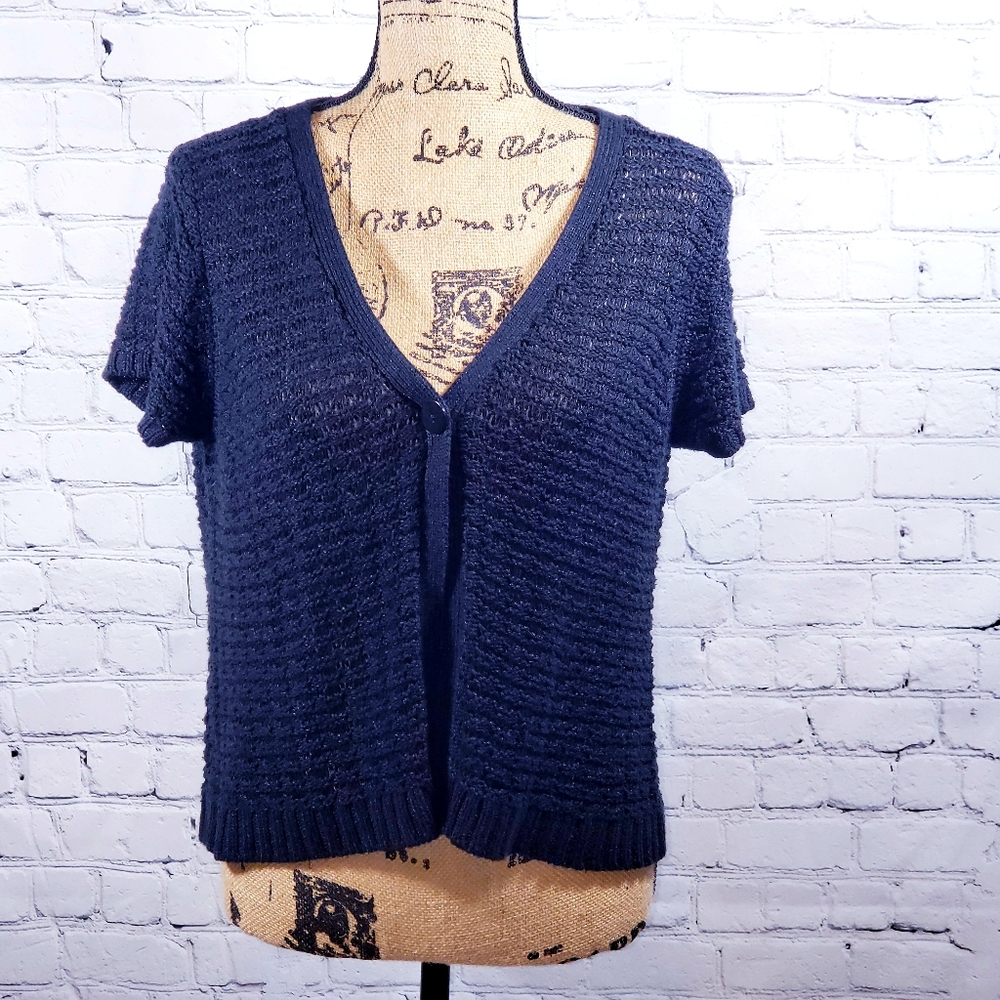 LOFT black loose knit short sleeve 1 button cardi